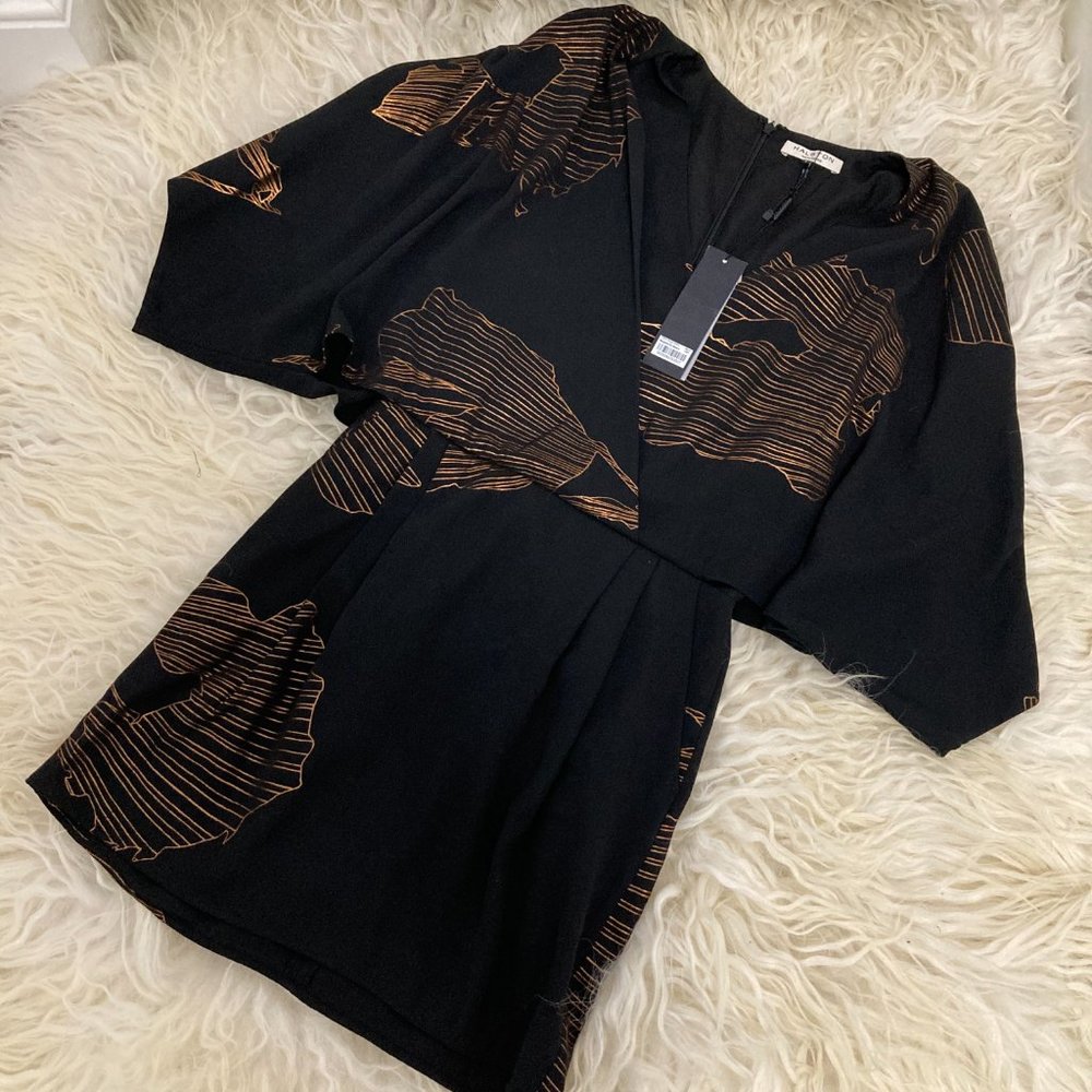 HALSTON HERITAGE Kimono-sleeve Faux-wrap Printed Dress In Black Antique - Picture 4 of 15